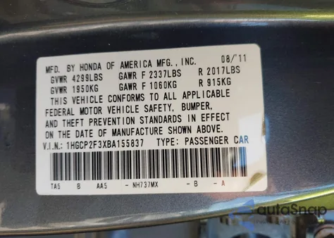 2011 Honda Accord 2.4 Lx from USA, damaged, VIN 1HGCP2F3XBA155837